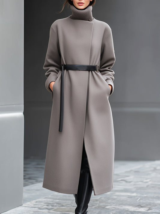 Taupe Coat With Minimalist Belted Design