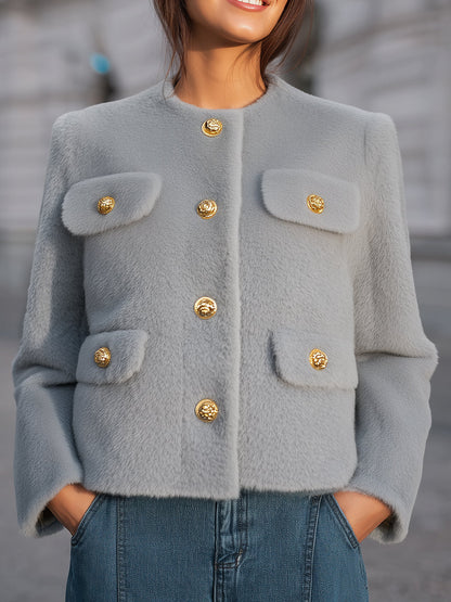 Chic Grey Faux Fur Jacket With Gold Button Details