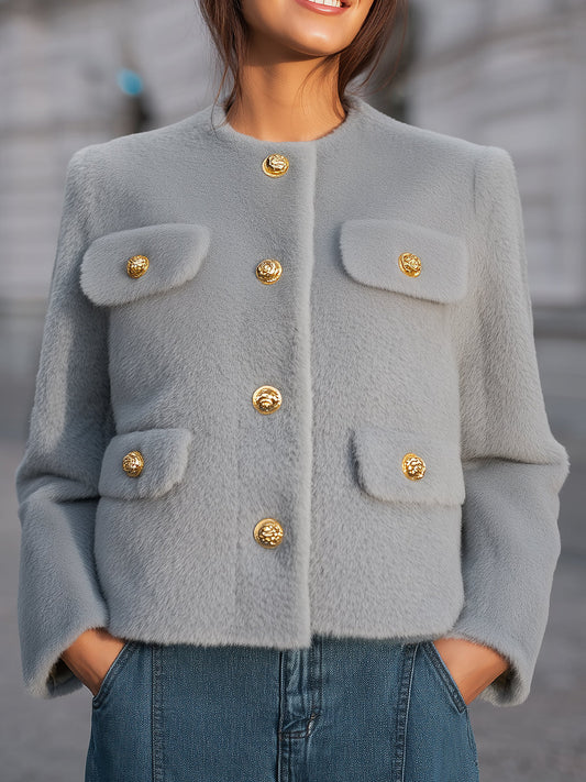 Chic Grey Faux Fur Jacket With Gold Button Details