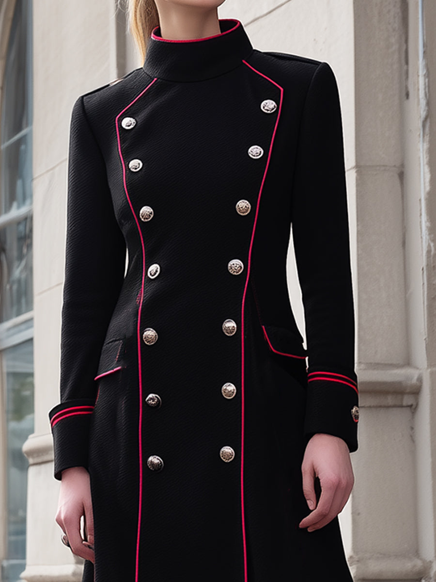 Regal Black Military-Inspired Long Coat With Red Piping
