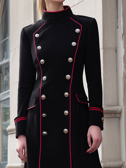 Regal Black Military-Inspired Long Coat With Red Piping
