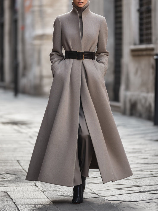 Taupe High-Collar Longline  Coat With Belt