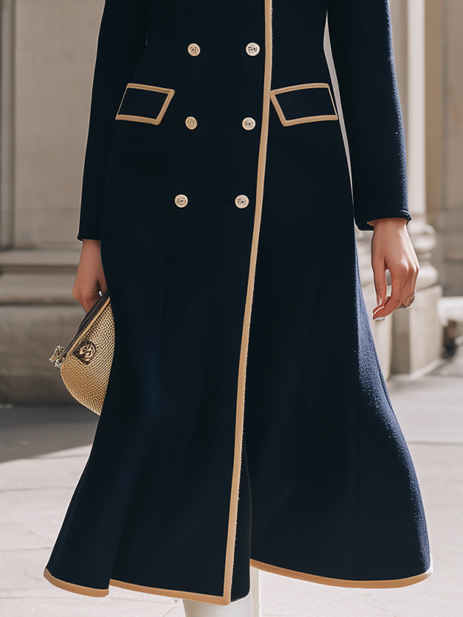 Navy Blue Double - Breasted Coat With Camel Contrast Details
