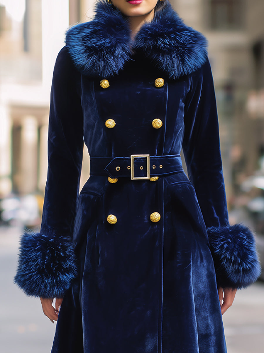 Royal Velvet Double-Breasted Faux Fur Trim Long Coat