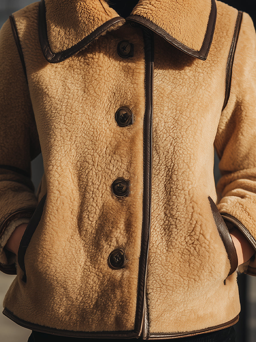 Mooyius Camel Faux Shearling Button-Up Jacket