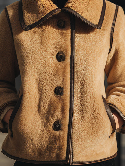 Mooyius Camel Faux Shearling Button-Up Jacket