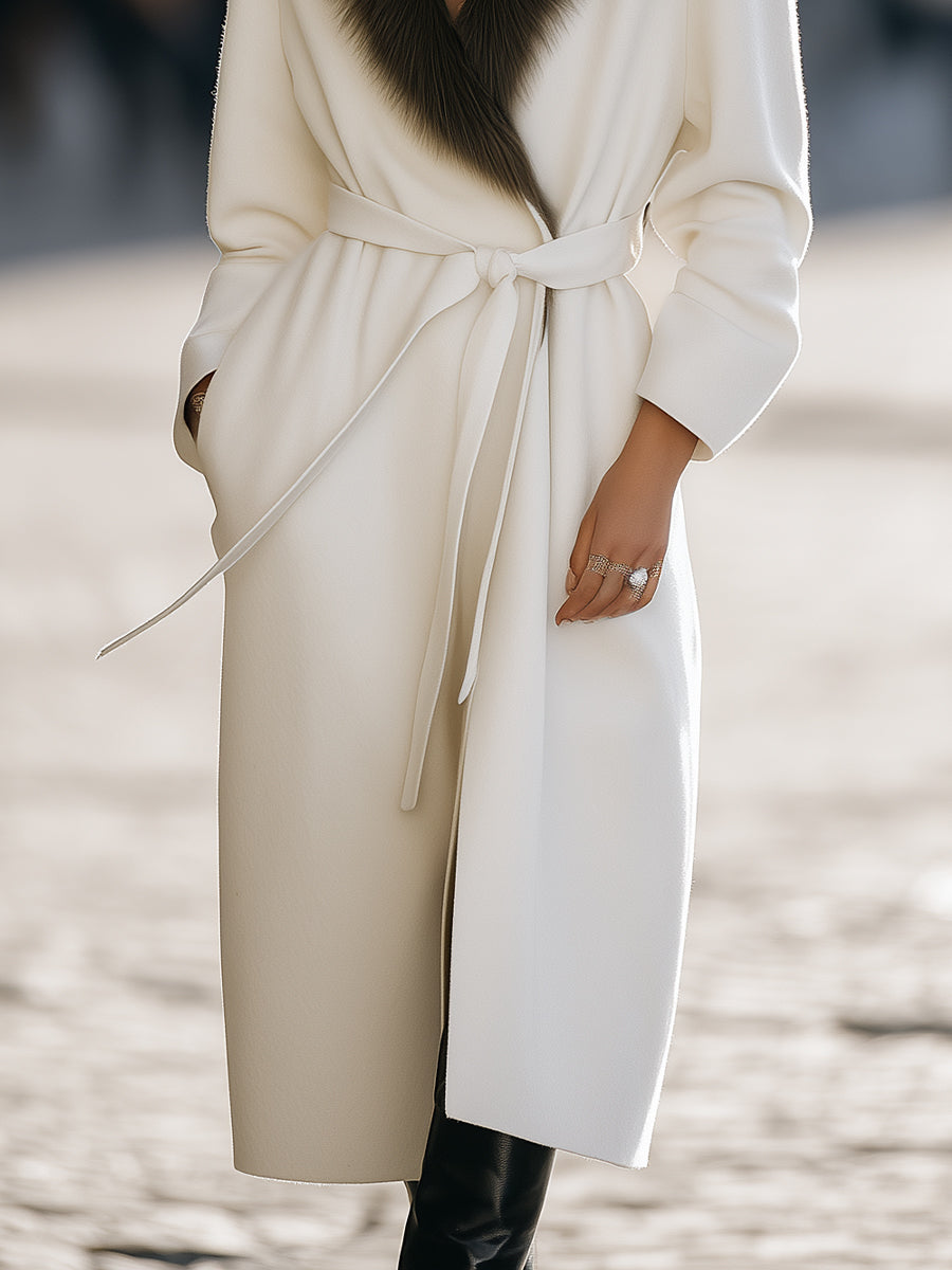 Ivory Wool Coat With Fur Collar And Belt