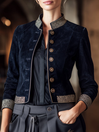 Navy Suede Embroidered Military-Inspired Jacket