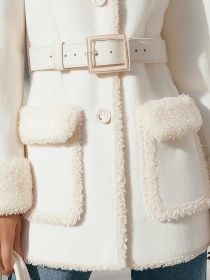 Winter White Belted Wool Coat With Faux Shearling Trim