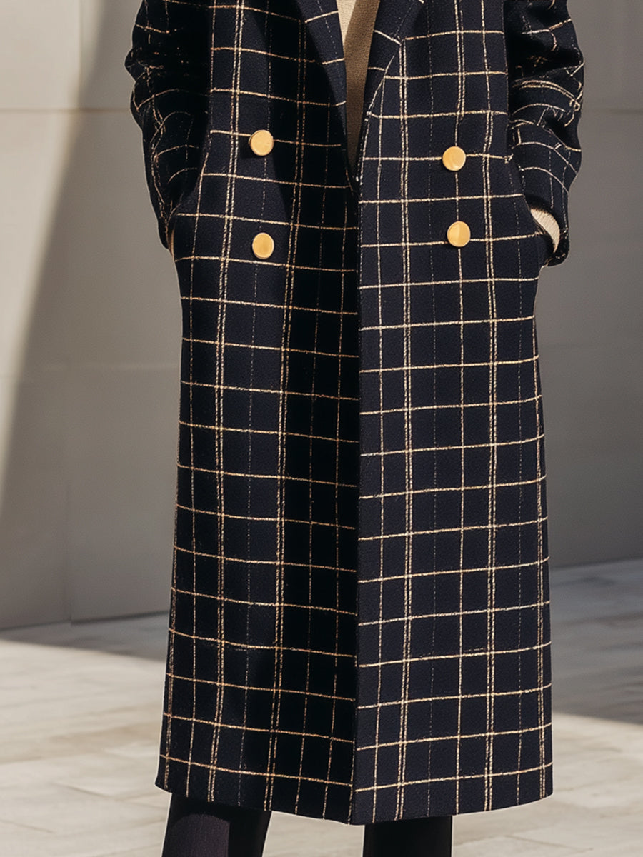 Black Windowpane Longline Coat With Gold Buttons