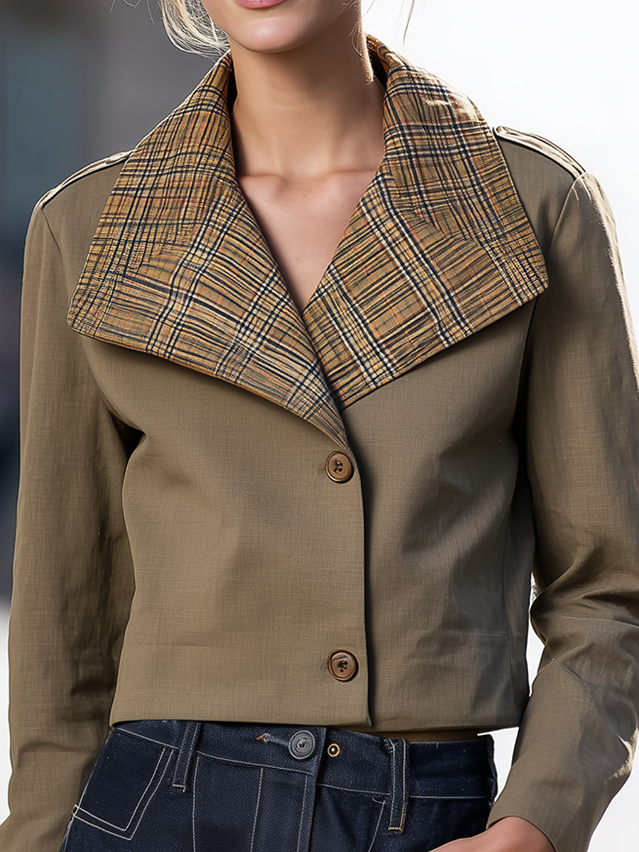 Cropped Jacket With Oversized Plaid Collar