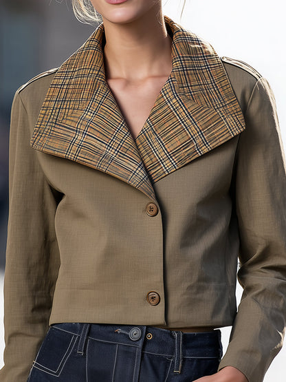 Cropped Jacket With Oversized Plaid Collar