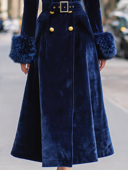 Royal Velvet Double-Breasted Faux Fur Trim Long Coat