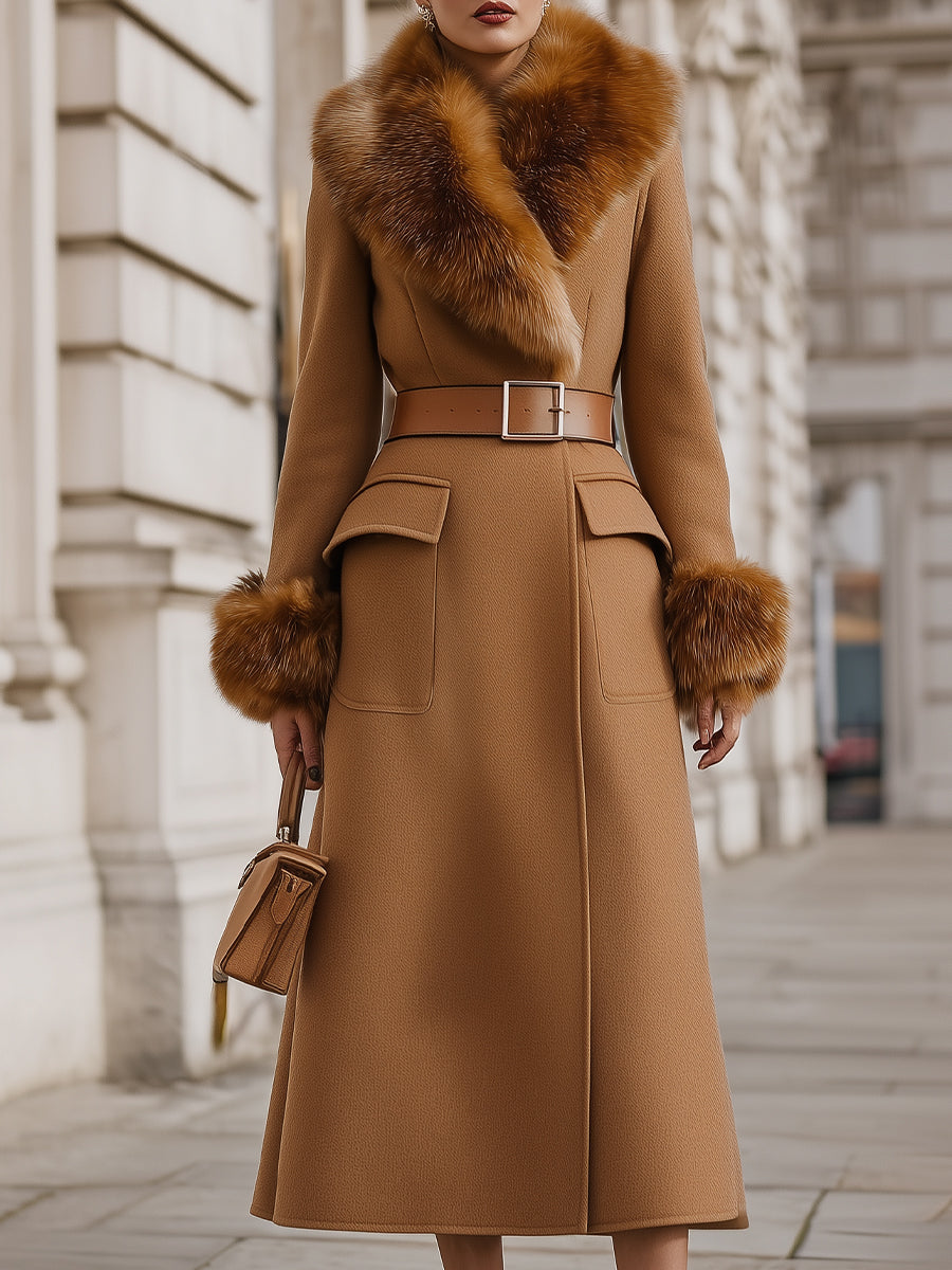Luxury Wool-Blend Camel Coat With Faux Fur Collar & Cuffs