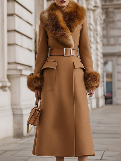 Luxury Wool-Blend Camel Coat With Faux Fur Collar & Cuffs