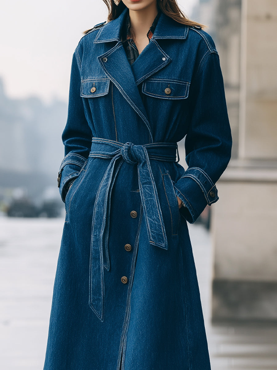 Longline Denim Trench Coat With Belt