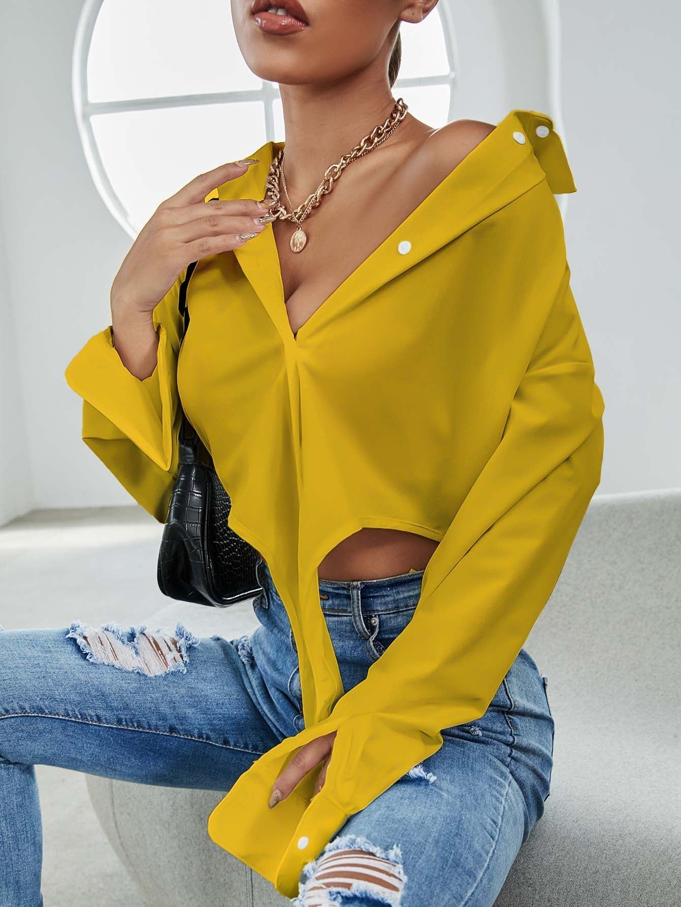 fermon - Asymmetrical Hem Crop Blouse