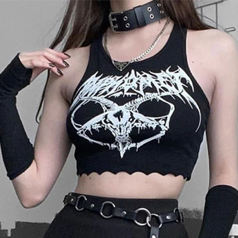 Black Goat Goth O-neck Knitted Head Sexy Sleeveless Punk Print Summer Crop Grunge Top