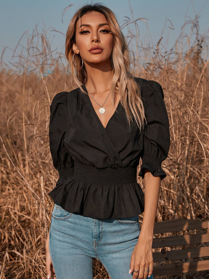 fermon - Black V-neck Puff Sleeve Short Top