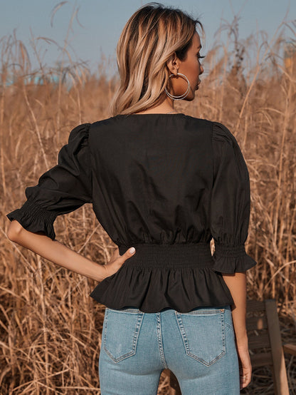 fermon - Black V-neck Puff Sleeve Short Top