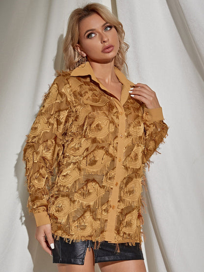 fermon - Button Front Fringe Trim Blouse