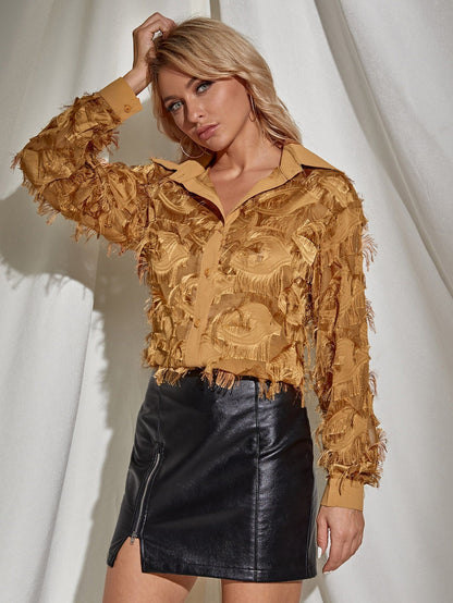 fermon - Button Front Fringe Trim Blouse