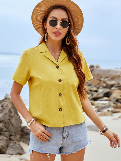 fermon - Casual Shirt Collar Yellow Cotton Top
