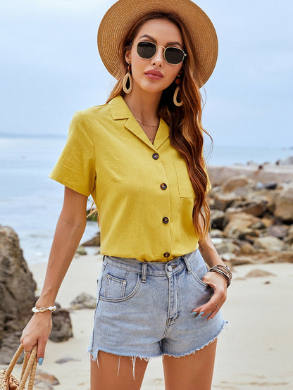 fermon - Casual Shirt Collar Yellow Cotton Top