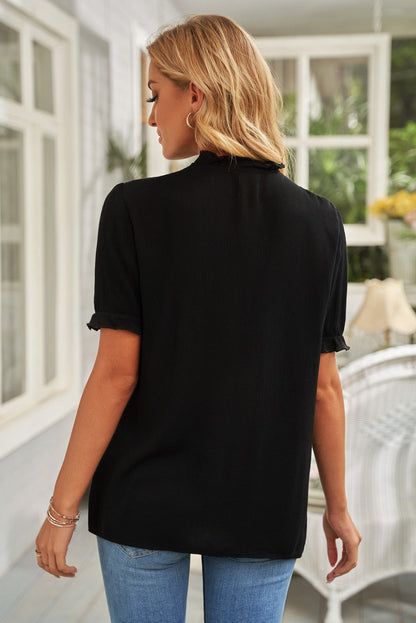 fermon - Casual Shirts Women Solid Ruffle Button Down Blouse Crewneck Short Sleeve Loose Tunic Top
