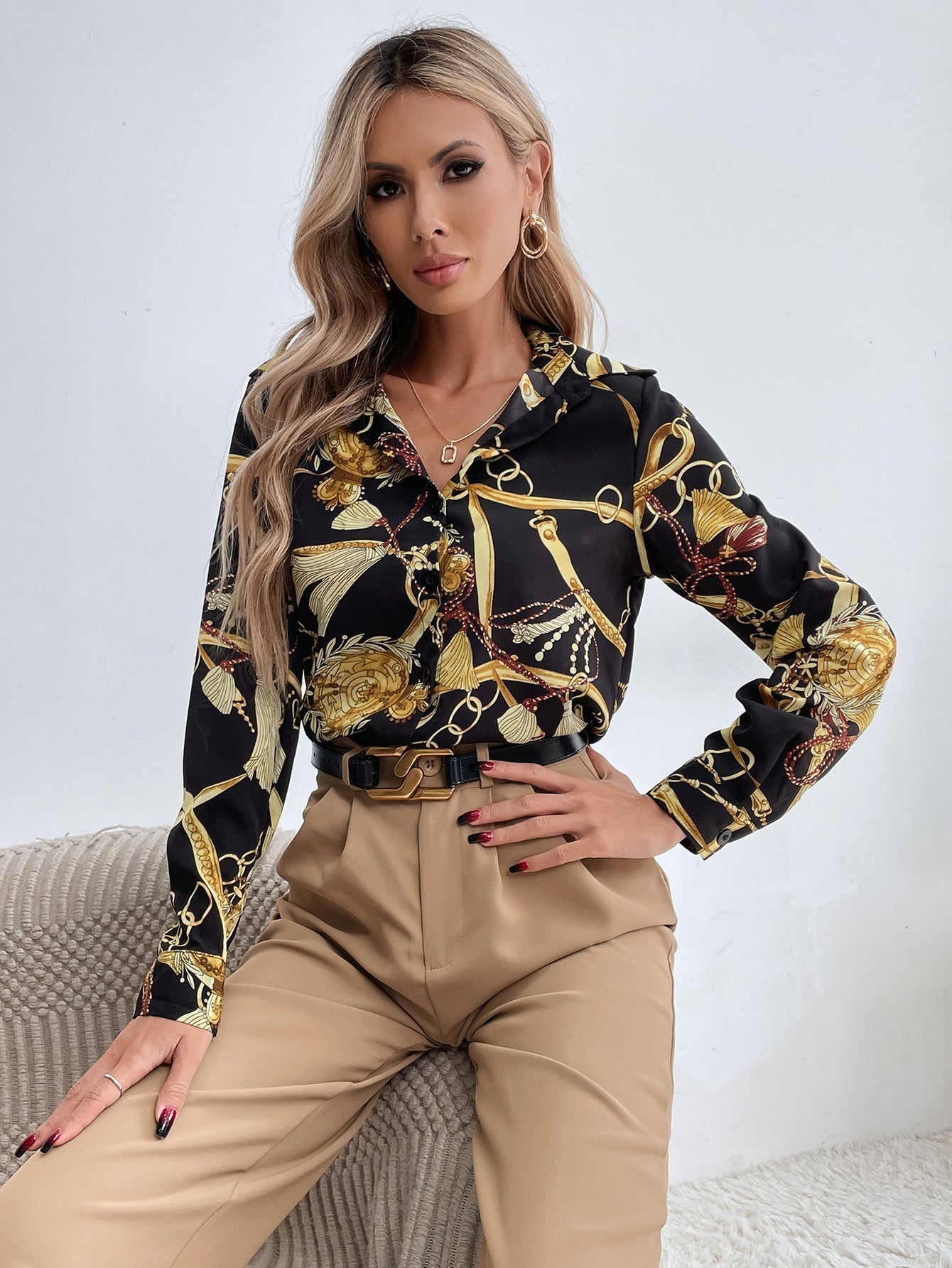 fermon - Chain Print Button Front Blouse