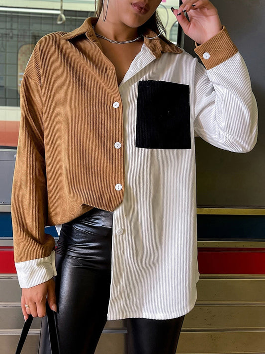 fermon - Color-block Drop Shoulder Button Front Blouse