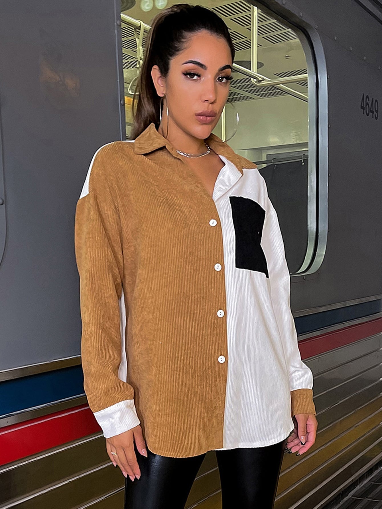 fermon - Color-block Drop Shoulder Button Front Blouse