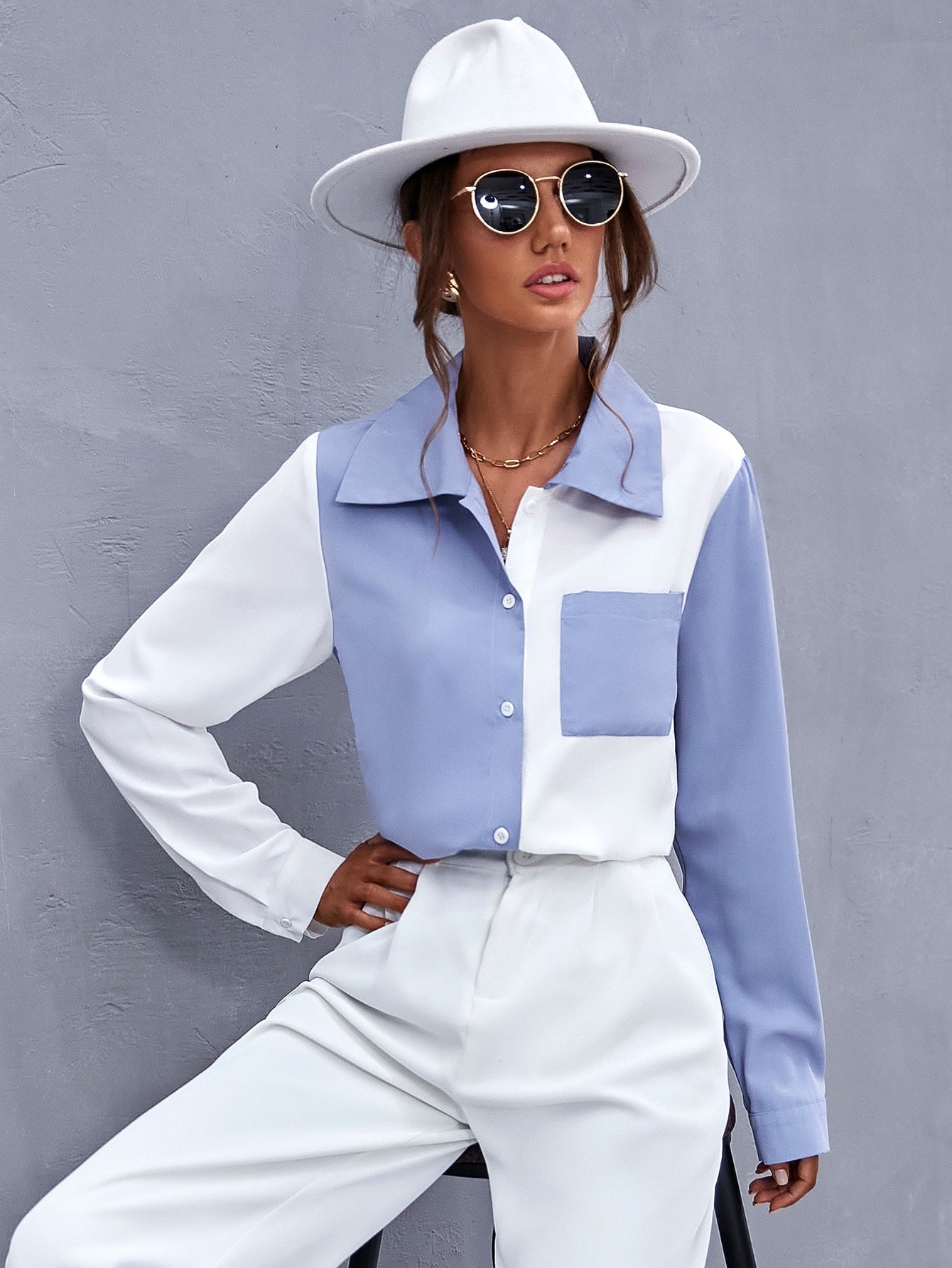 fermon - Colorblock Patch Pocket Blouse