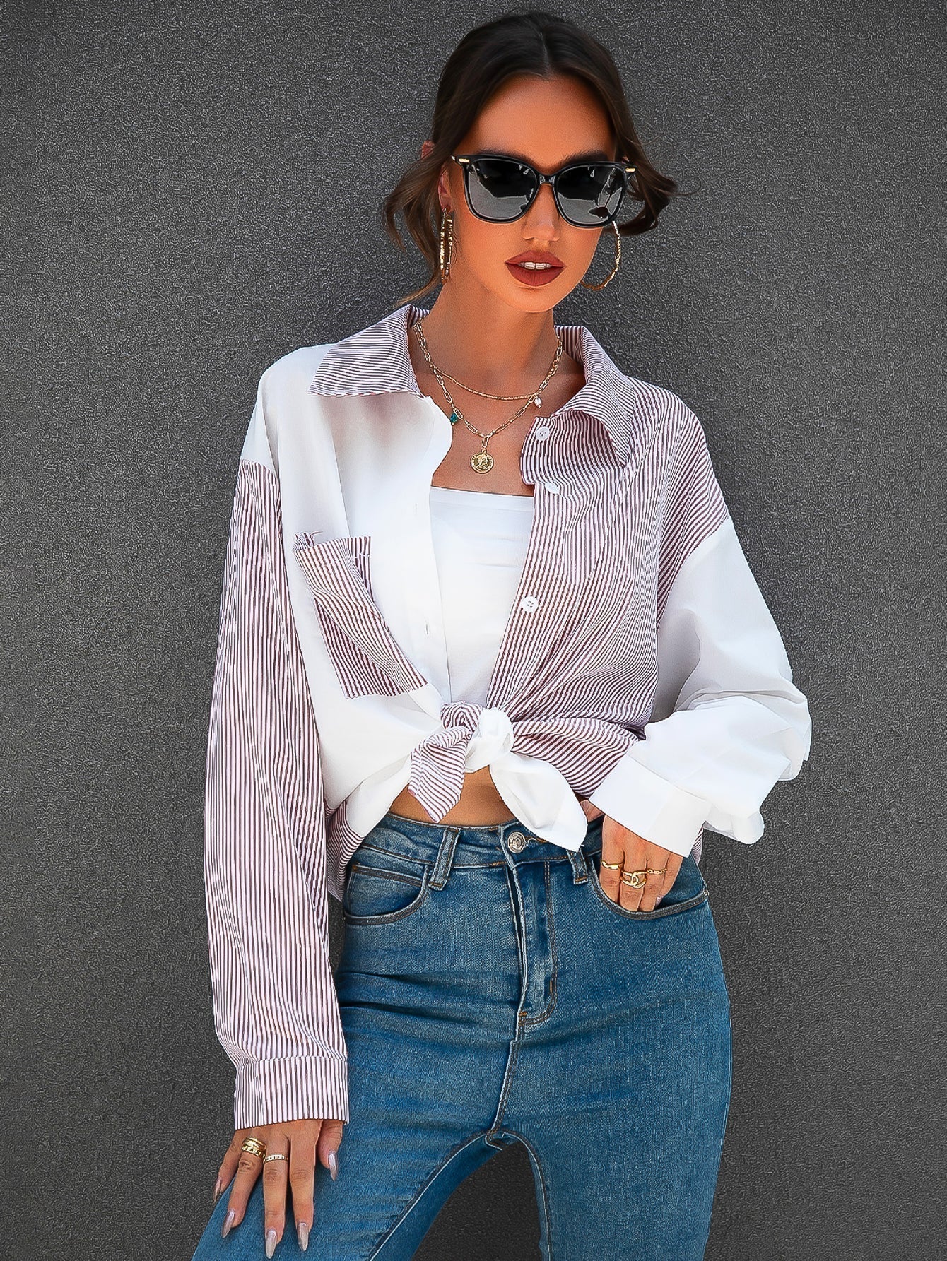 fermon - Colorblock Patch Pocket Striped Blouse