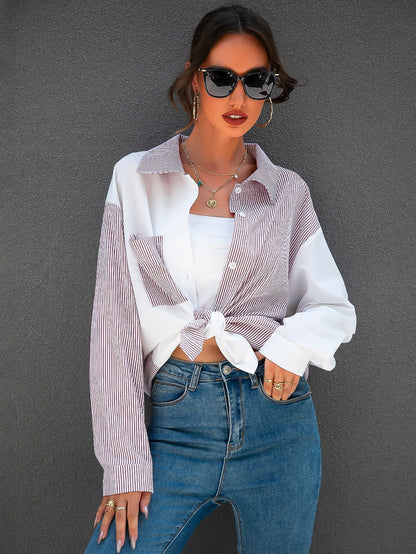 fermon - Colorblock Patch Pocket Striped Blouse