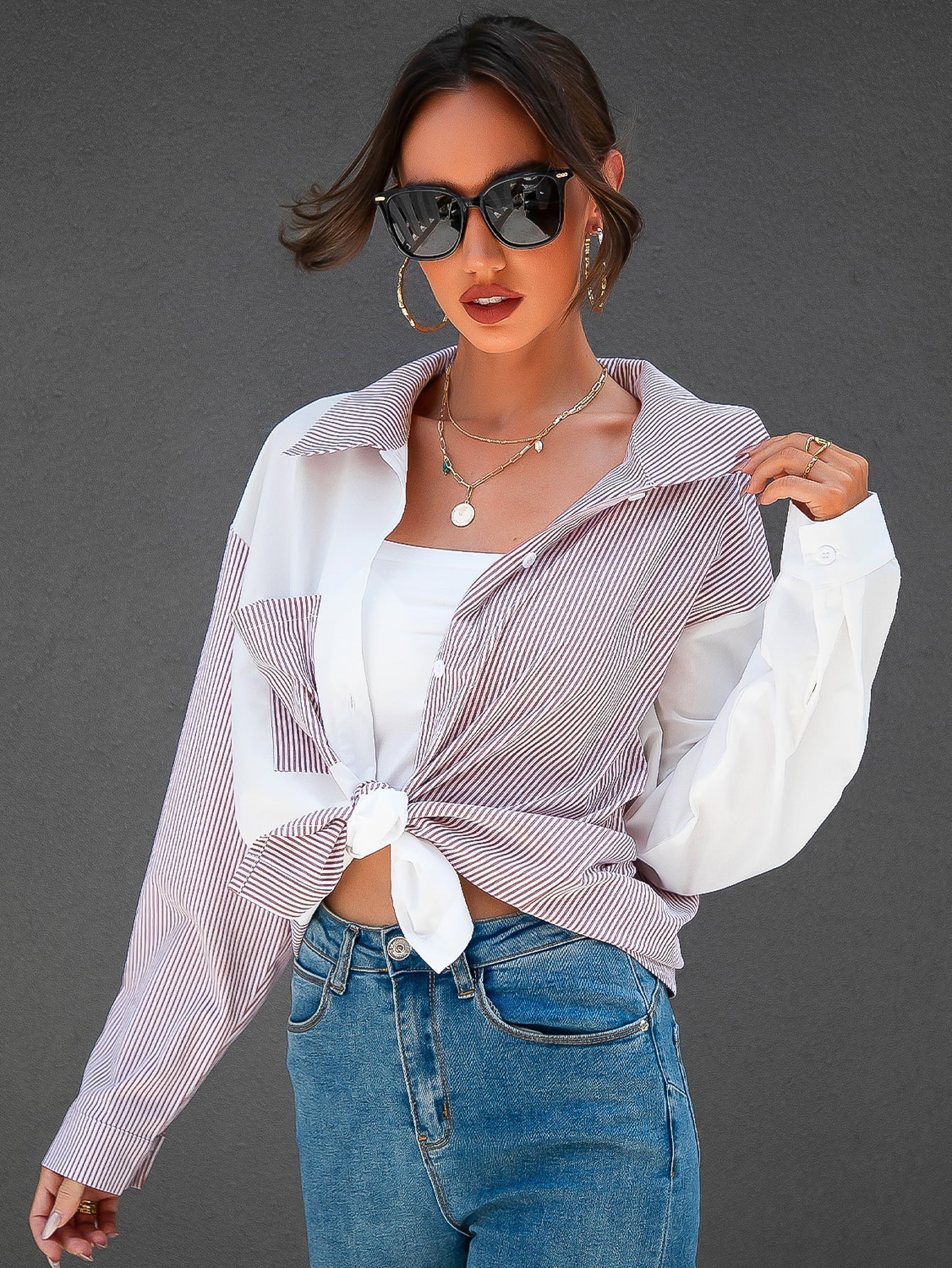 fermon - Colorblock Patch Pocket Striped Blouse