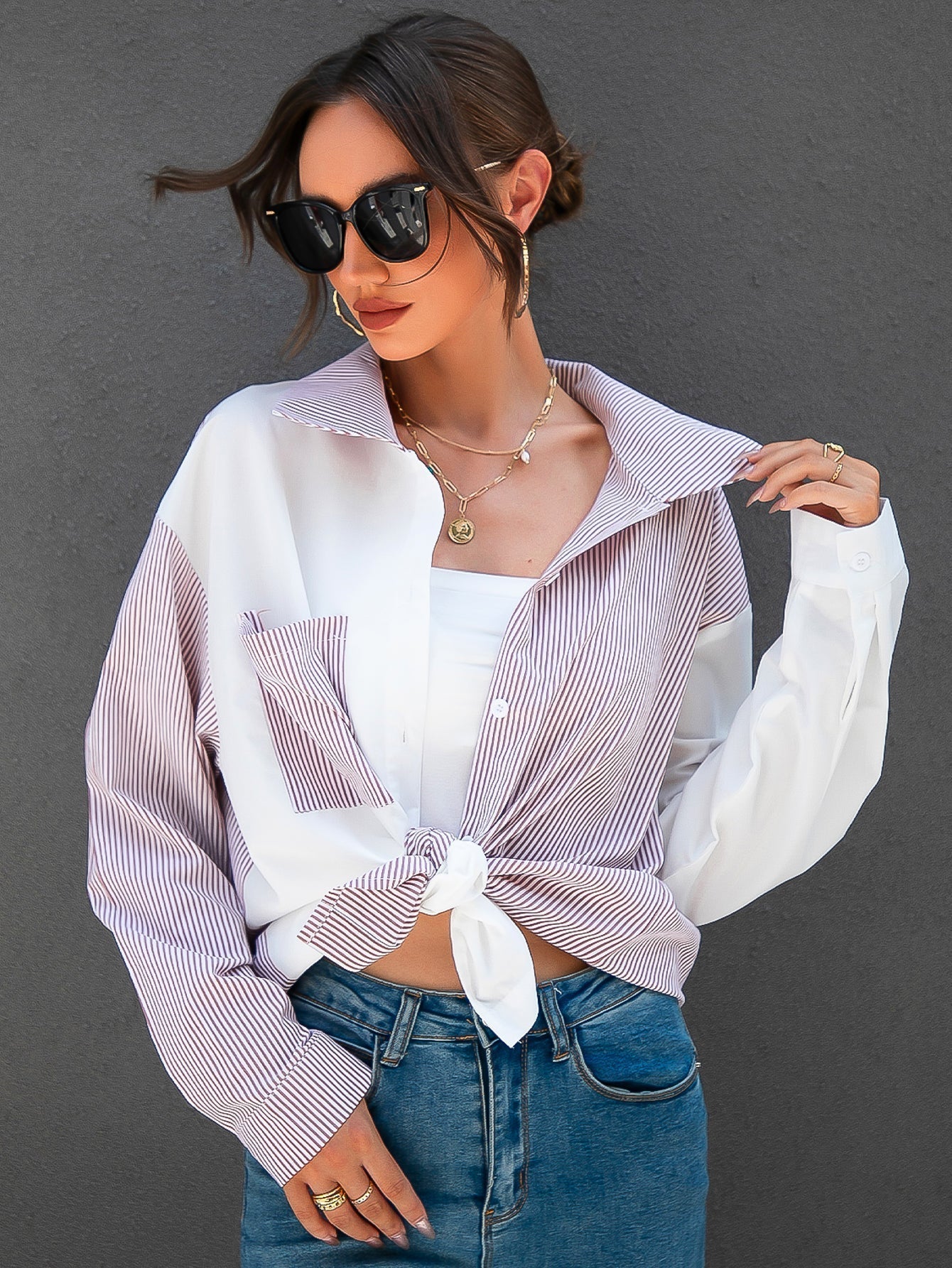 fermon - Colorblock Patch Pocket Striped Blouse