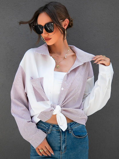 fermon - Colorblock Patch Pocket Striped Blouse