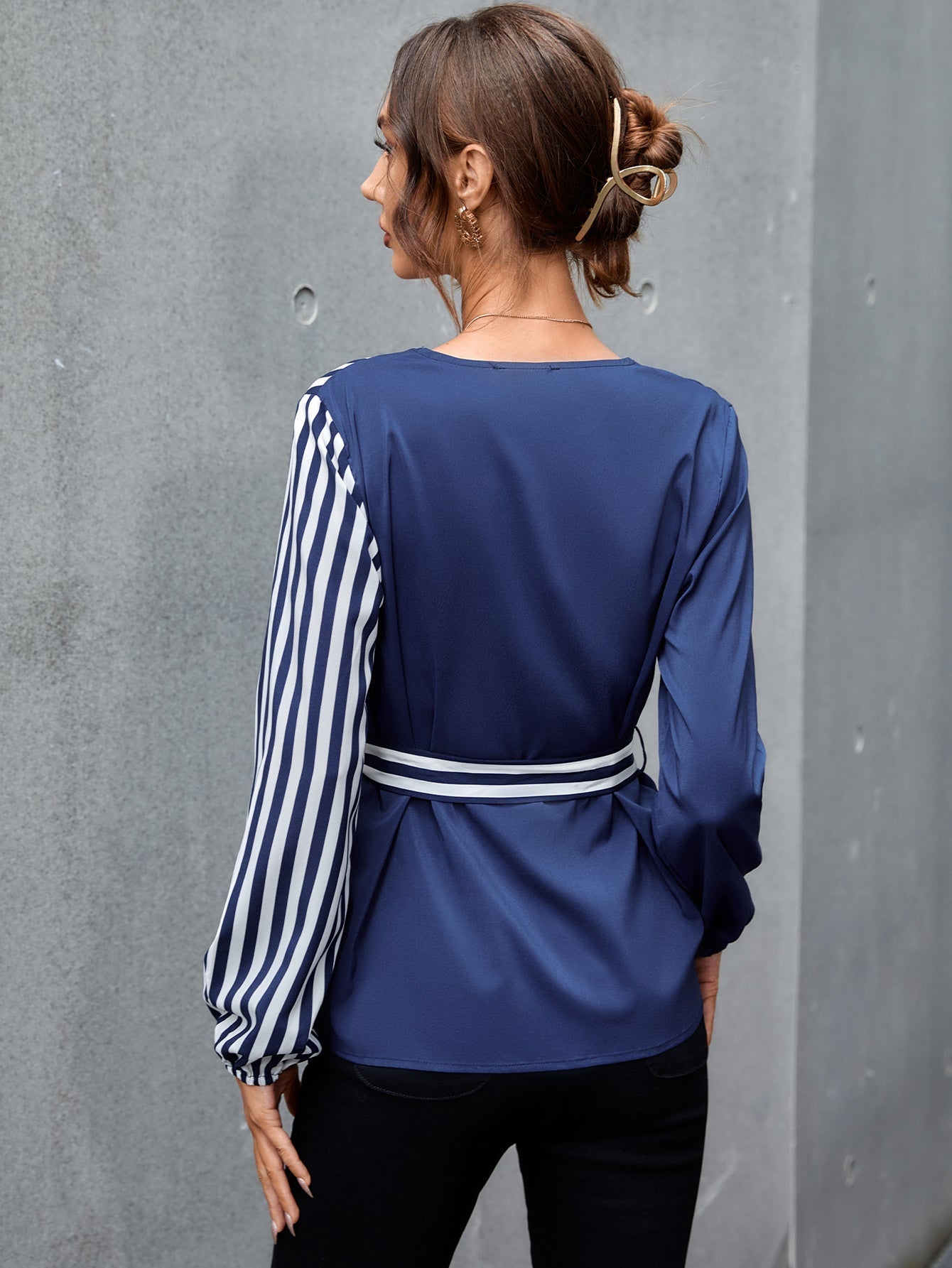 fermon - Colorblock Striped Self Tie Blouse