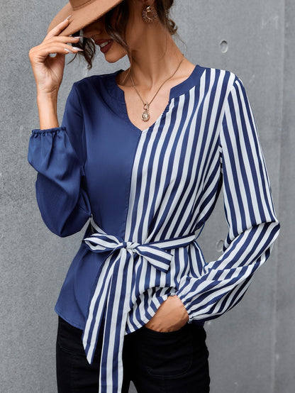 fermon - Colorblock Striped Self Tie Blouse