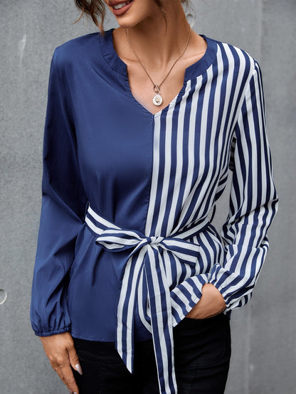 fermon - Colorblock Striped Self Tie Blouse