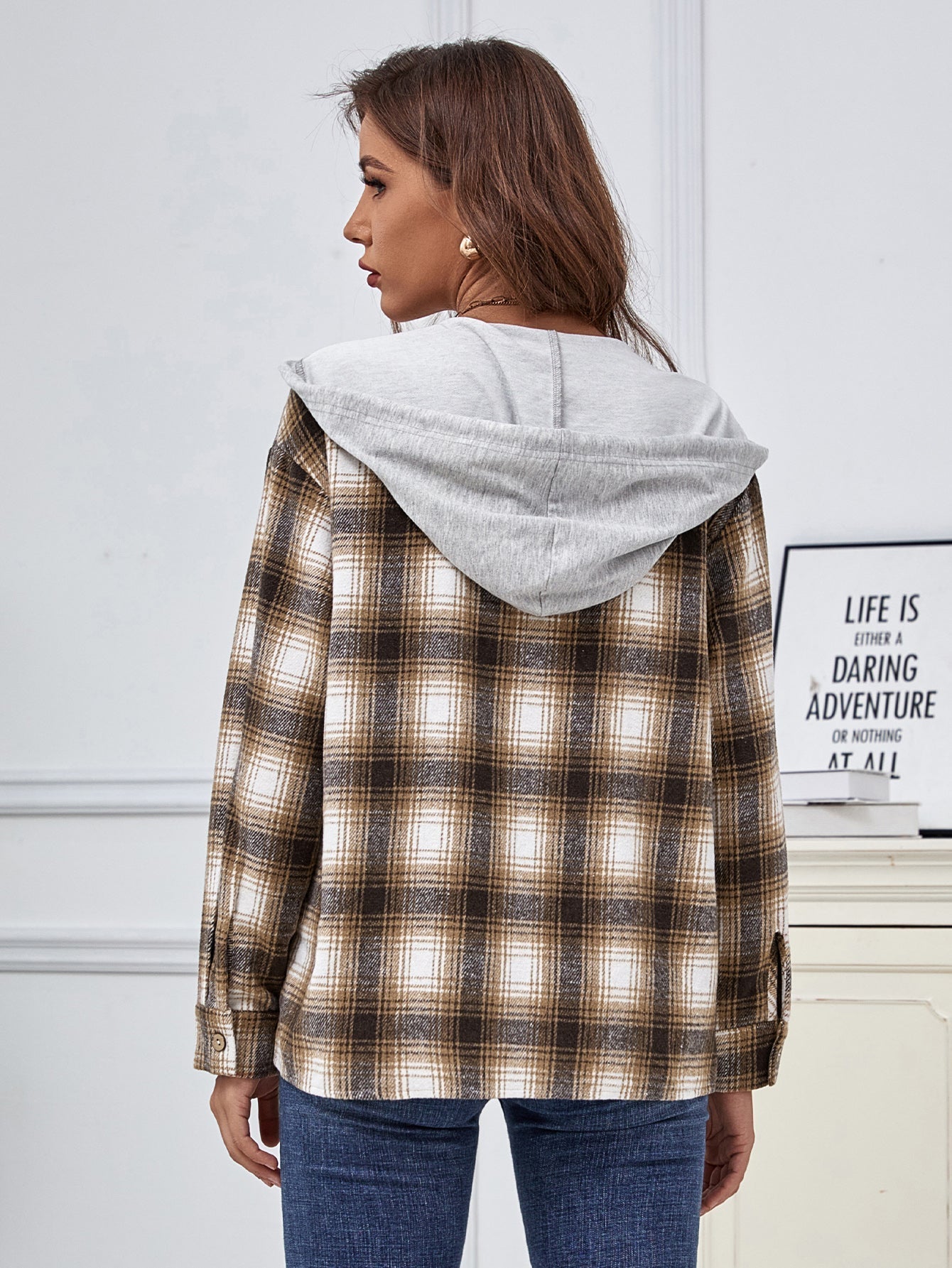 fermon - Contrast Hooded Plaid Blouse