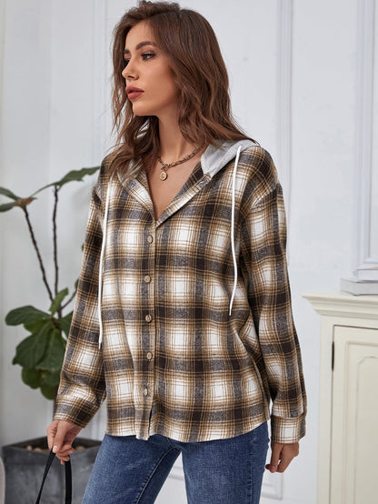 fermon - Contrast Hooded Plaid Blouse