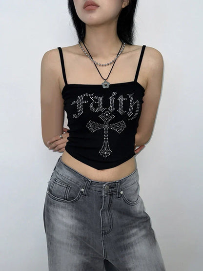 Gothic Hot Spaghetti Straps Vintage Corset Street Grunge Crop Y2K Cross Rhinestone Top