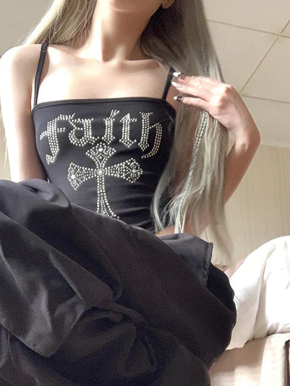 Gothic Hot Spaghetti Straps Vintage Corset Street Grunge Crop Y2K Cross Rhinestone Top