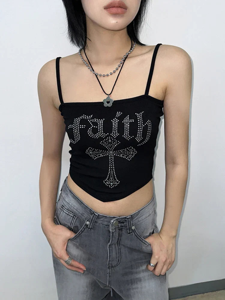 Gothic Hot Spaghetti Straps Vintage Corset Street Grunge Crop Y2K Cross Rhinestone Top