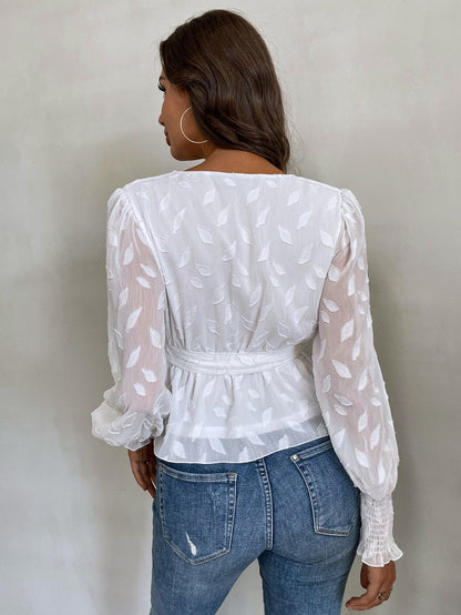 fermon - Jacquard Lantern Sleeve Shirred Cuff Belted Blouse