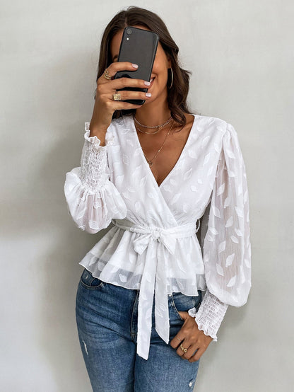 fermon - Jacquard Lantern Sleeve Shirred Cuff Belted Blouse