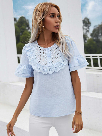 fermon - Lace hollow round neck ruffled short-sleeved shirt top
