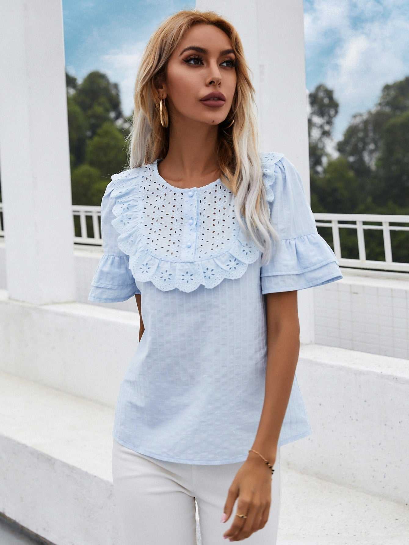 fermon - Lace hollow round neck ruffled short-sleeved shirt top